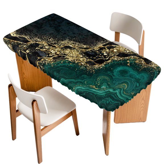 Modern Fitted Rectangle Tablecloth 24" x 50" Black Gold and Green Marble Stone Abstract Fluid Art Elastic Table Cloth Fits for 4 Foot Folding Tables Waterproof Table Cover for Picnic Camping Outdoor