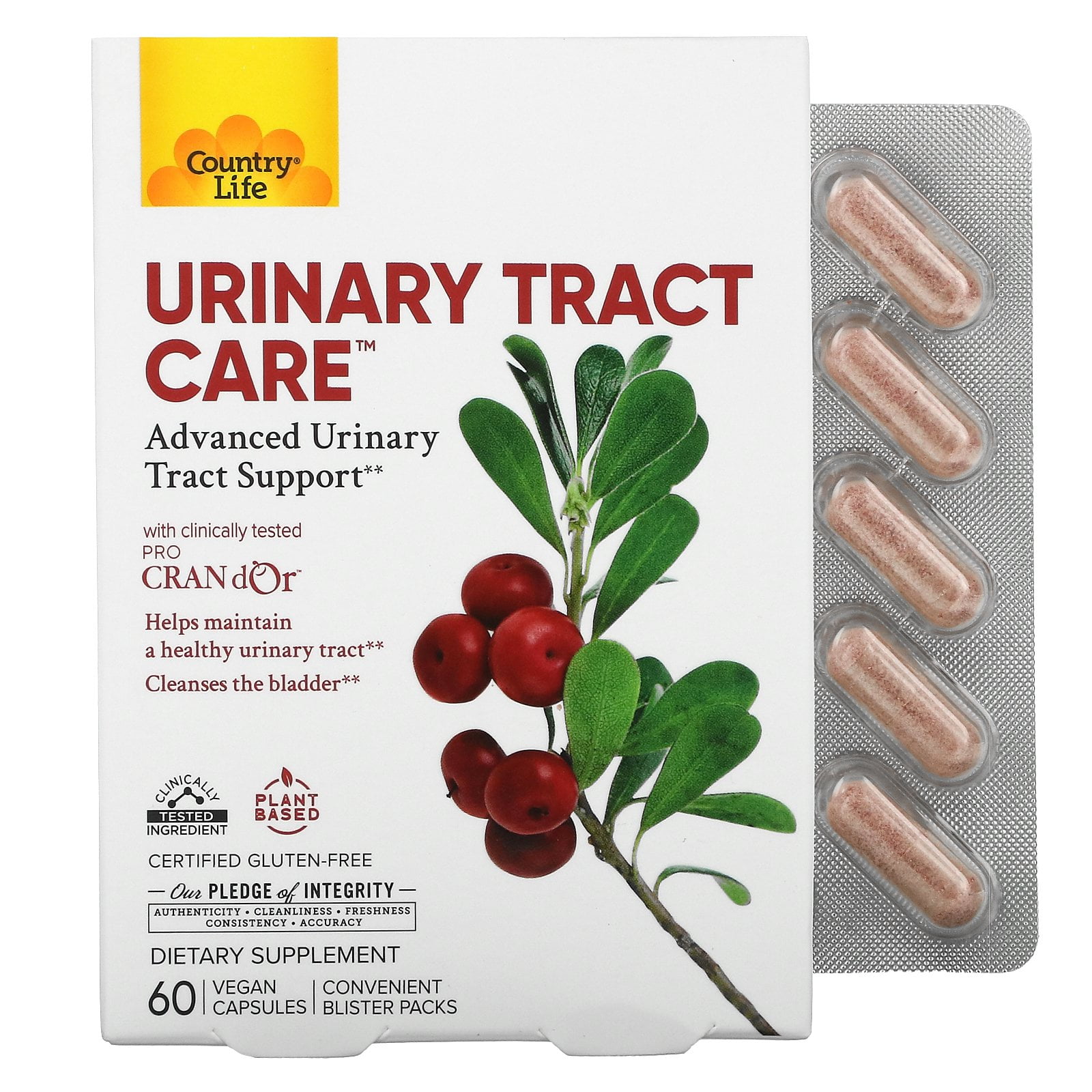 Country Life Urinary Tract Care with Cranberry and D-Mannose, 60 Capsules | Supports everyday bladder wellness with a targeted four-ingredient formula and convenient daily blister packs