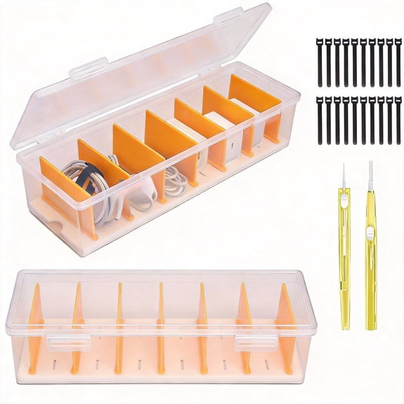Clear Cable Organizer Box 2 Pack with 20 Wire Ties & 2 Cleaning Brushes Plastic Cord Storage with Lid Desk Drawer Charger Management