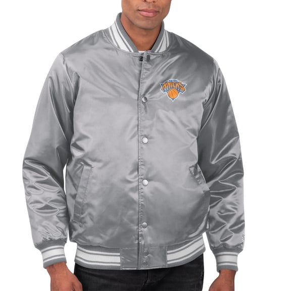 Men's Starter Gray New York Knicks Printed Team Name Satin Varsity Full-Snap Jacket