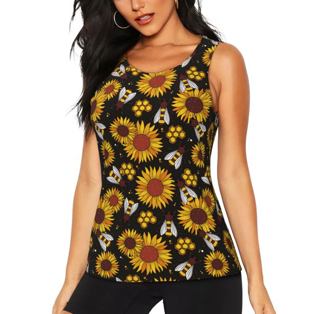 Fotbe Sunflowers And Bww Blusas Sin Mangas para Mujer – Estilo Casual, Corte Suelto, Slim-Fit, Cuello Redondo Deportivo, Tops de Verano para Gimnasio y Yoga-X-Large