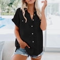 thumbnail image 2 of Women's Solid Color Short Sleeve Shirt 2026 V Neck Lapel Button Down Blouse with 2 Pockets Casual Loose Fit Top for Office Summer Outfit, 2 of 9