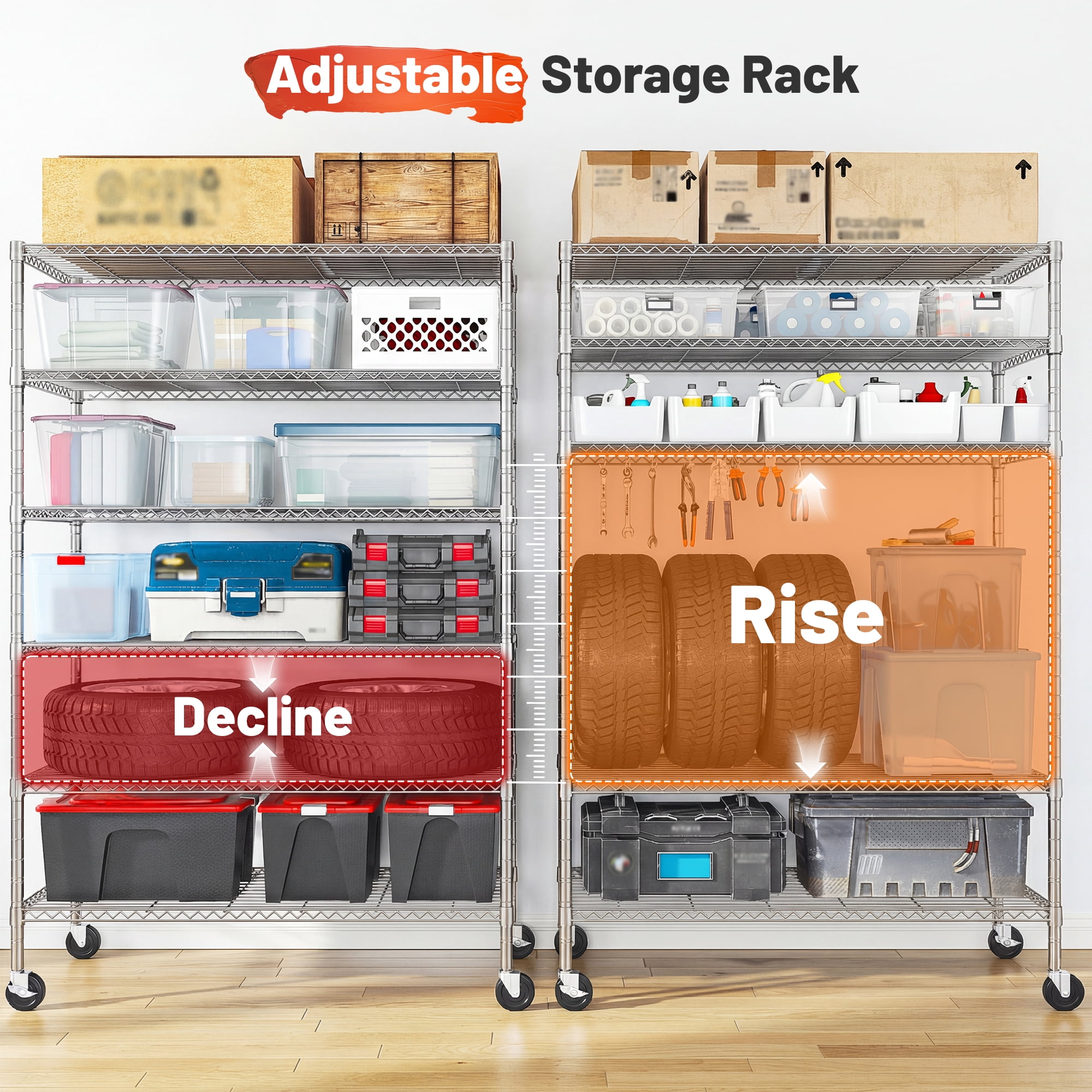 REIBII 6-Tier Wire Shelving Unit with Wheels, 82"H x 45"W x 18"D, 1800lbs Capacity,Adjustable Metal Storage Shelves for Garage,Kitchen,Pantry,Silver
