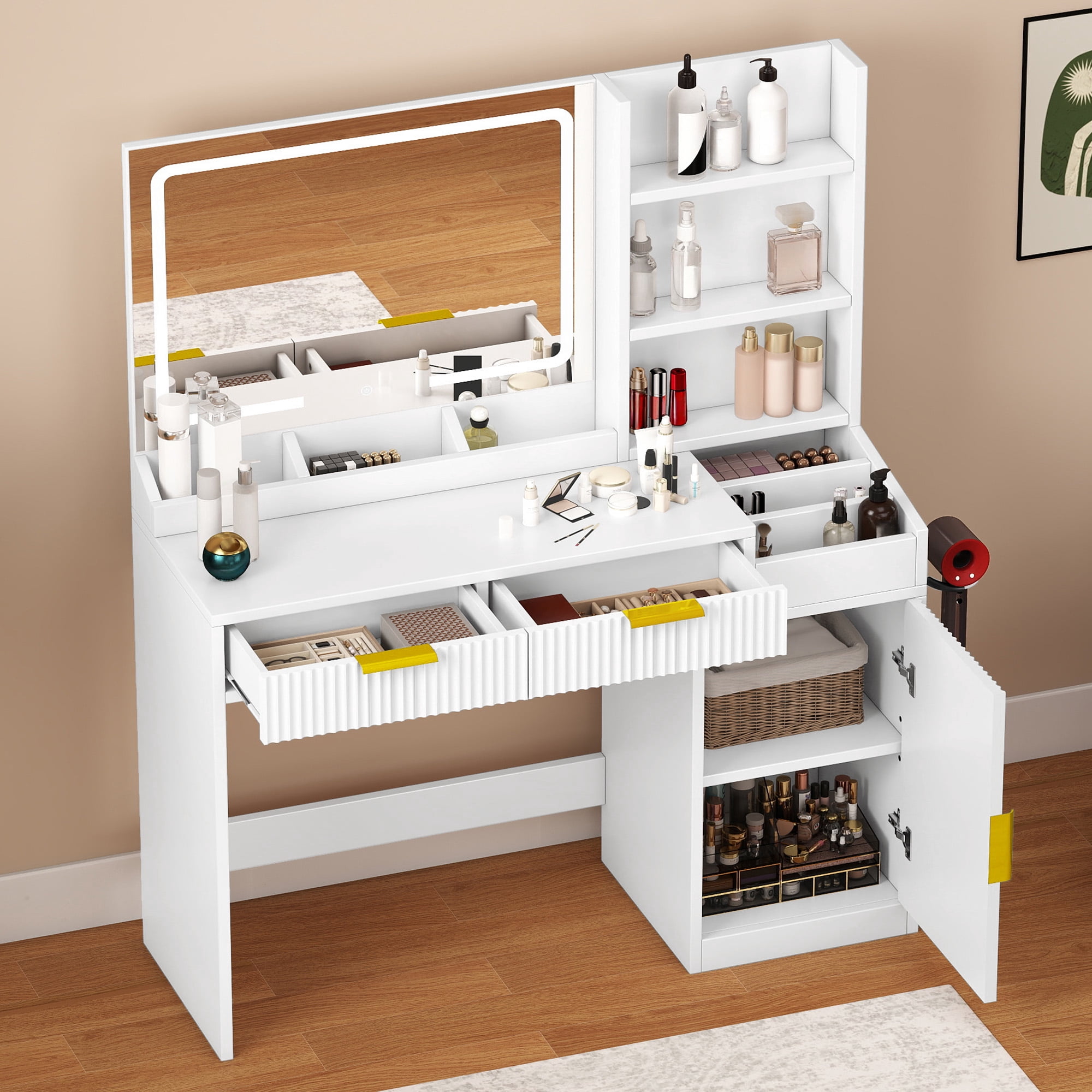 Uforic Vanity Desk with Mirror and LED Lights, Makeup Vanity Table with 2 Drawers & 11 Shelves, Makeup Table with Power Outlet for Bedroom Dressing Room,White