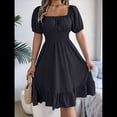 thumbnail image 4 of Vestido Corto Bohemio de Verano para Mujer, con Escote Cuadrado, Mangas Abullonadas, Hombros Descubiertos, Fruncido, Informal, de Corte A, con . Negro XL, 4 of 10