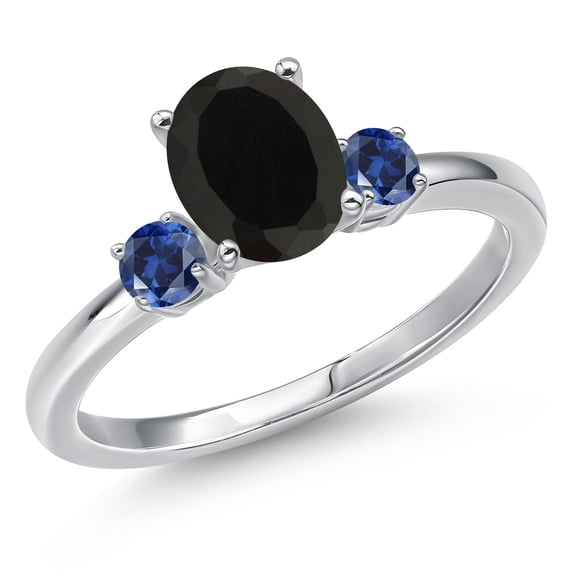 Gem Stone King 14K White Gold Black Onyx and Blue Created Sapphire Engagement Ring for Women | 1.88 Cttw | Oval 8X6MM | Gemstone December Birthstone | Size 7