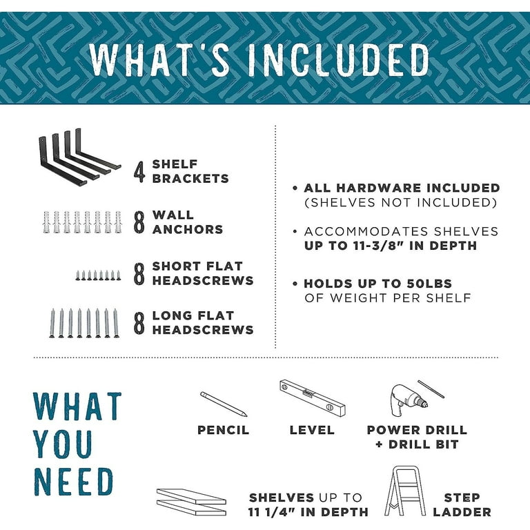 FUNSUEI Heavy Duty Floating Shelf Brackets - 8 Inch, Black, 12-Pack With Screws (Invisible L-Shape Supports)