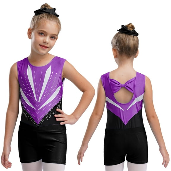 iiniim Kids Girls Dance Gymnastics Ballet Leotard Sparkly Rhinestones Bodysuit with Shorts Hair Band Purple&Black 10