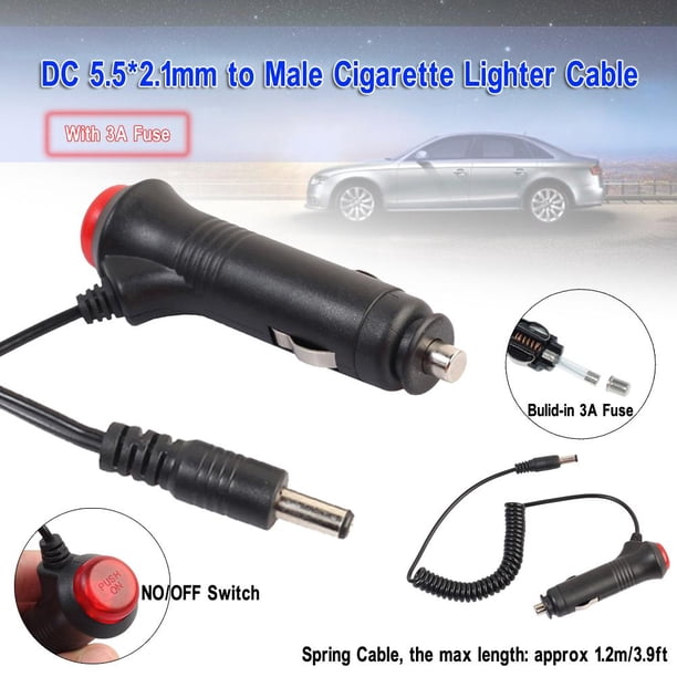 Kuymtek Cable adaptador de fuente de alimentación de 5,5 x 2,1 mm a encendedor de cigarrillos con fusible interruptor