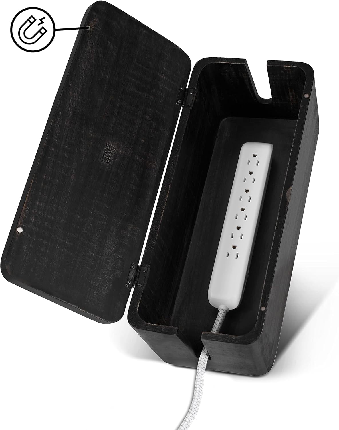 Luxe Designs | Large Cable Management Box – Rustic Black Wooden Cord Organizer for Home & Office - Power Strips & Surge Protector - Wire Storage for Desk & Floor