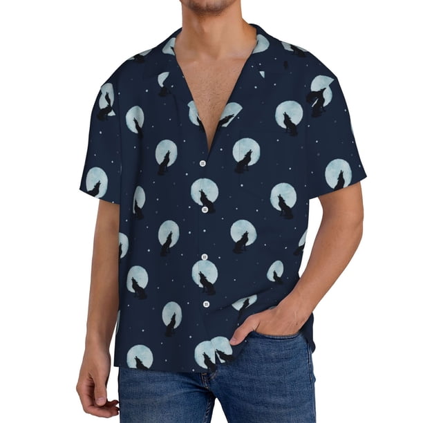 Fotbe Wolf And Moon Camisa Estampada de Manga Corta para Hombre, Casual de Verano, Estilo Playero, Sin Arrugas-X-Large