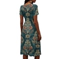 thumbnail image 6 of Women's V Neck Short Sleeve Dress Floral Print A Line Midi Casual Summer Outfit Flowy Lightweight Party Wear Vacation Boho Chic Paisley Abstract Green XL, 6 of 6