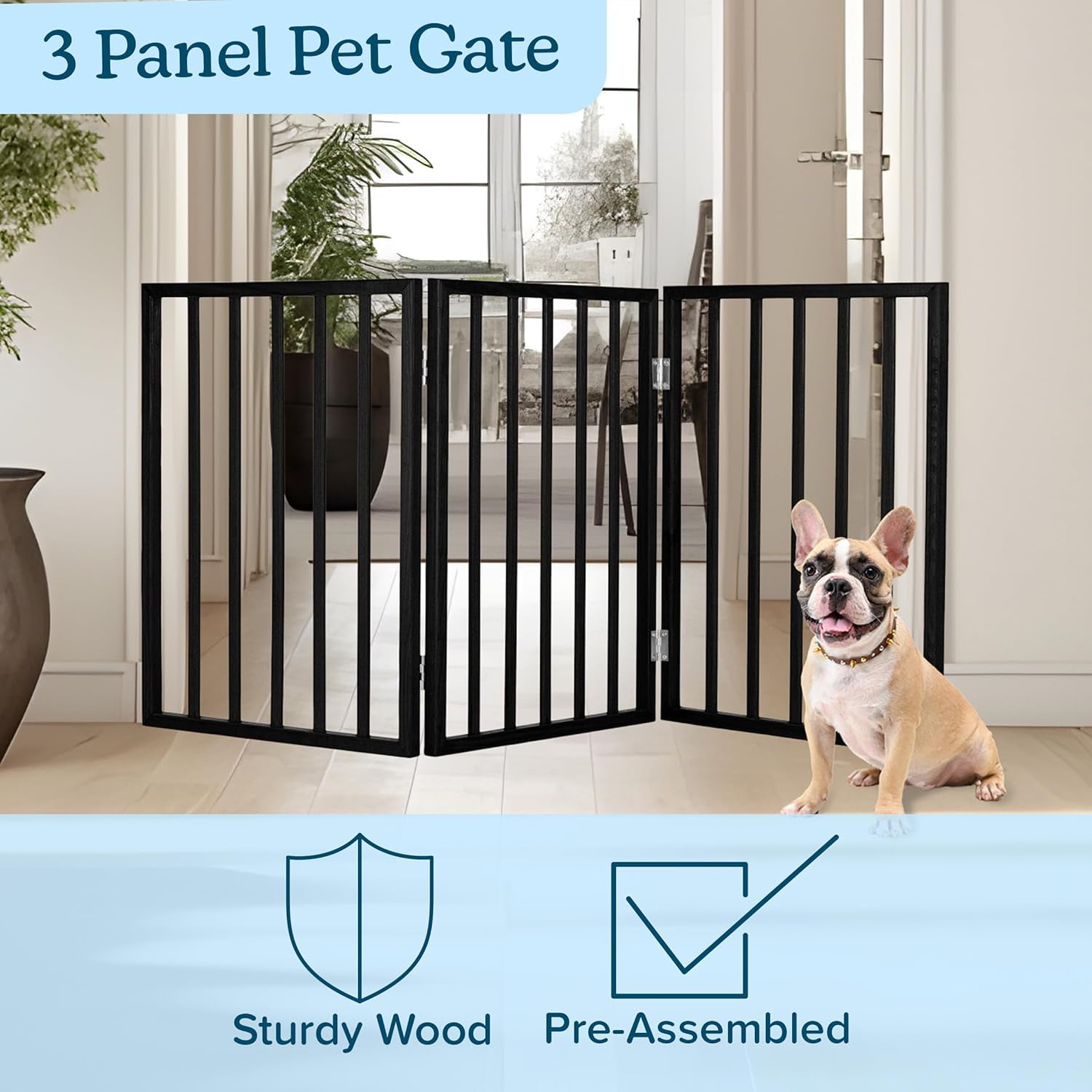 Foldable Indoor Dog Gate with 4 Panels for Stairs, Hallways, or Doorways - 72x24-Inch Retractable Wood Freestanding Pet Barrier (Gray)