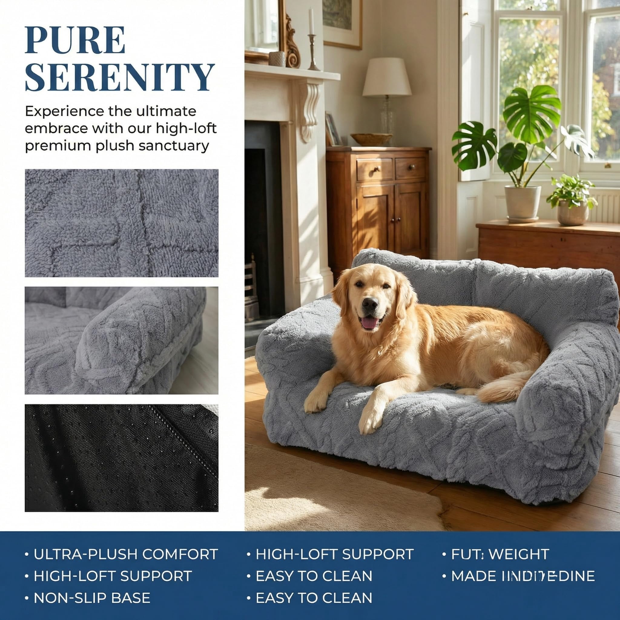 Plush Calming Pet Sofa Bed, Plush Calming Pet Sofa Bed with Removable Cover, Washable Orthopedic Dog Bed with Edge, Increases Deep Sleep