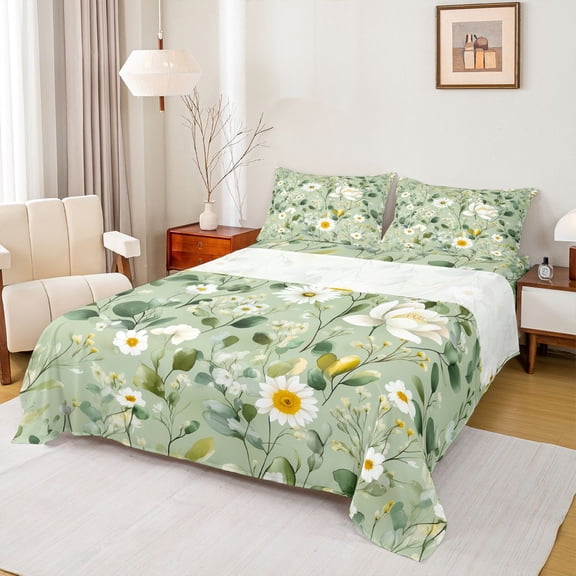 Homewish Western Floral Flower Twin Sheet Sets for Adult, Green Leaf Botanical Twin Fitted Sheet, Mandala Bohemian Flat Sheet, Lightweight Room Decor, 3pcs