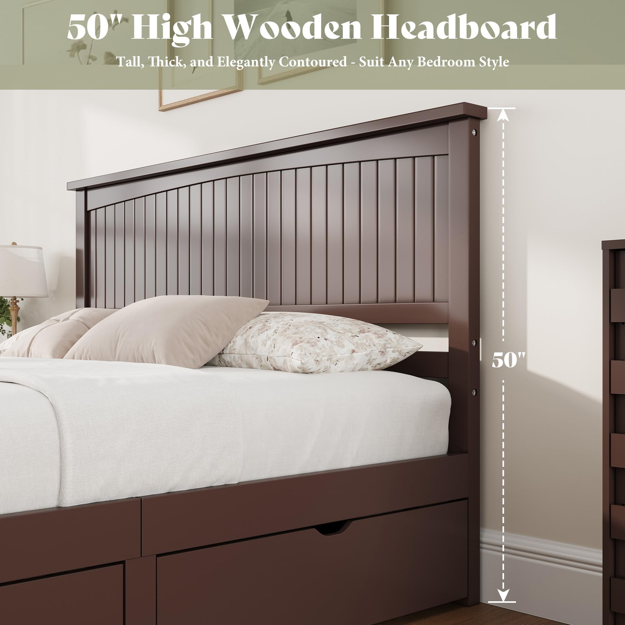 Amerlife Queen Size Solid Wood Bed Frame with 50" Tall Headboard, Mid-Century Modern Bed with, Wooden Platform Bed with 2 Drawers, Espresso