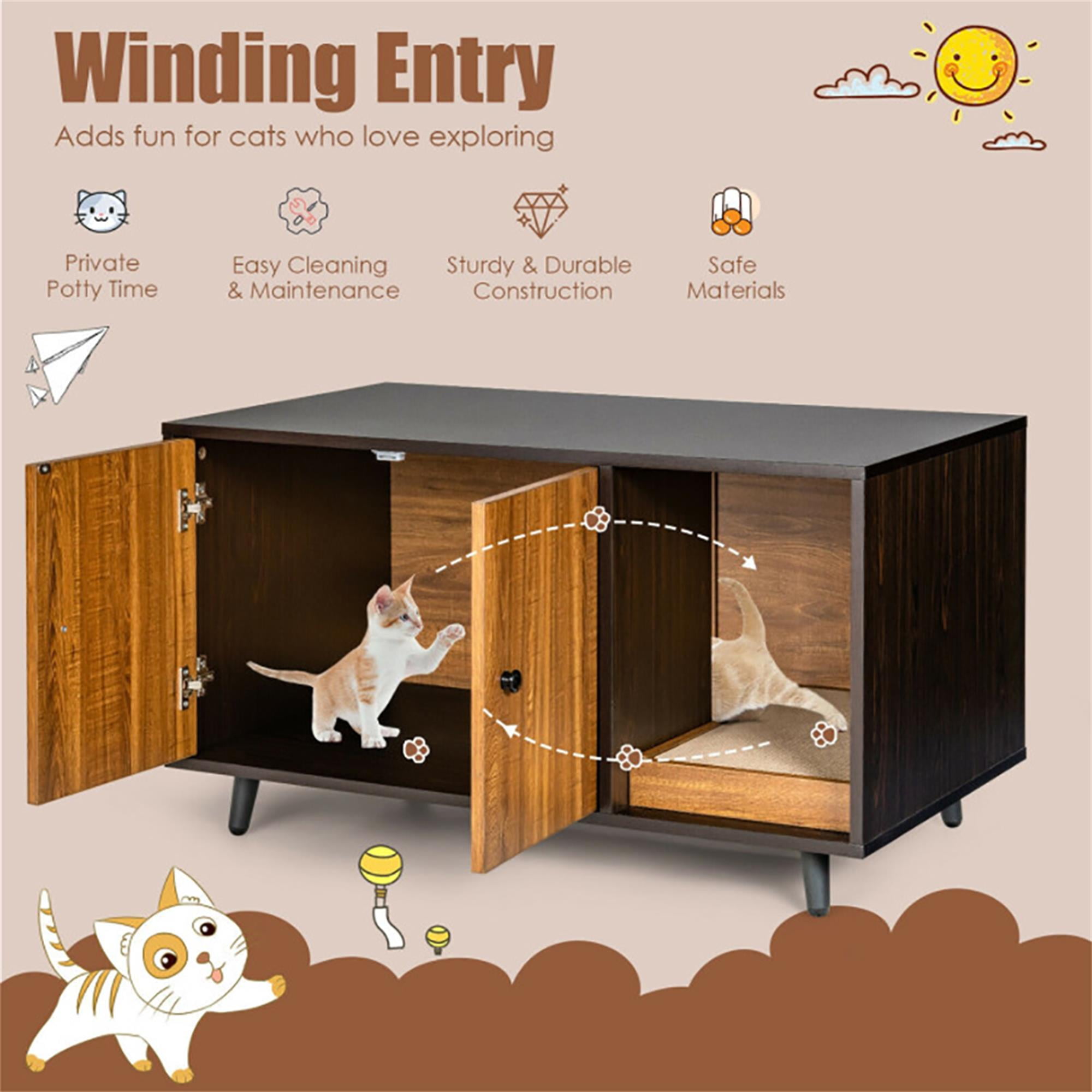 Kadyn 35" Cat Litter Box Enclosure Hidden Litter Box Furniture, Wooden Cat Washroom Cat House with Scratch Pad, Brown