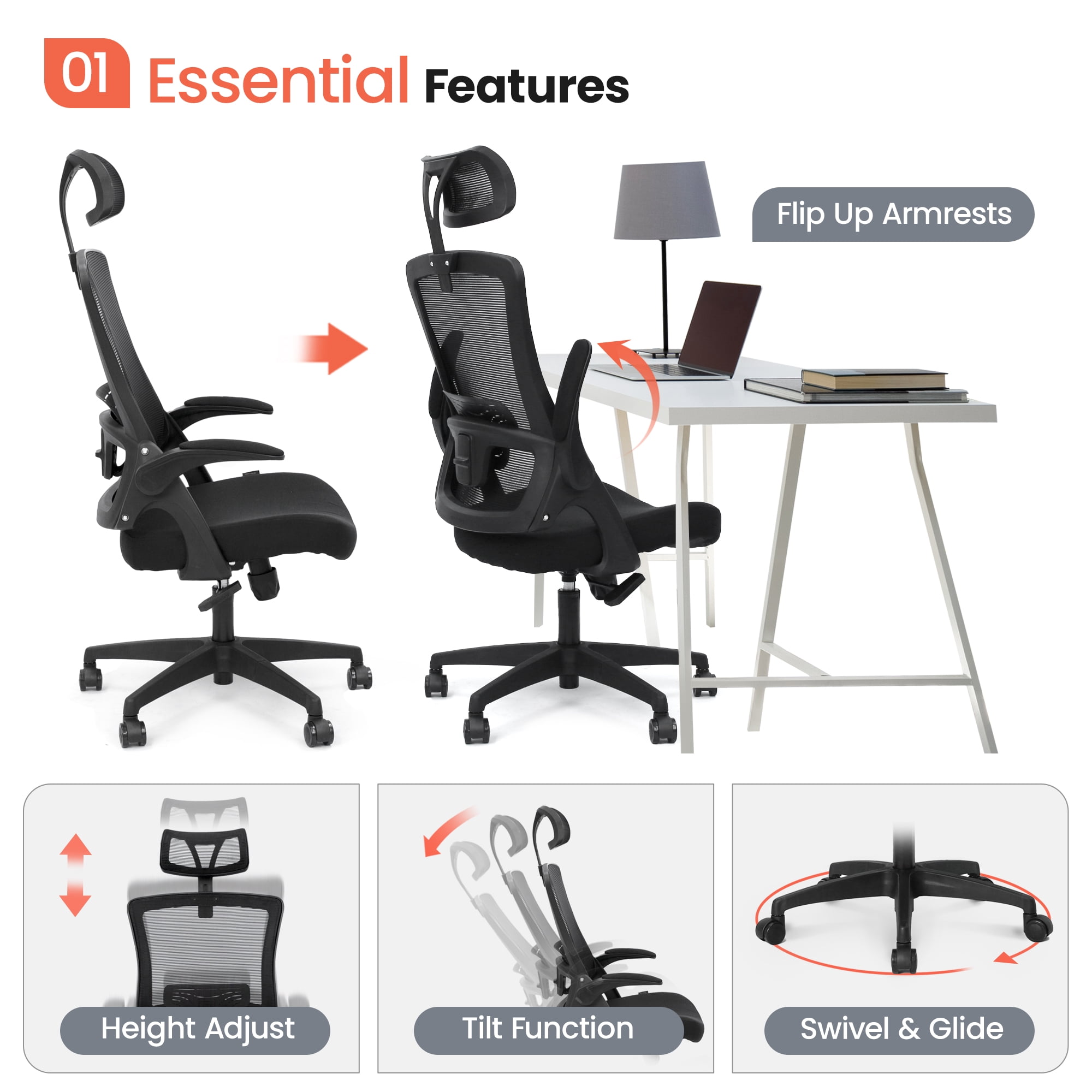 Neo Chair High Back Ergonomic Desk Chair Office Chair, Breathable Mesh Desk Chair with Adjustable Lumbar Support and Headrest, Black
