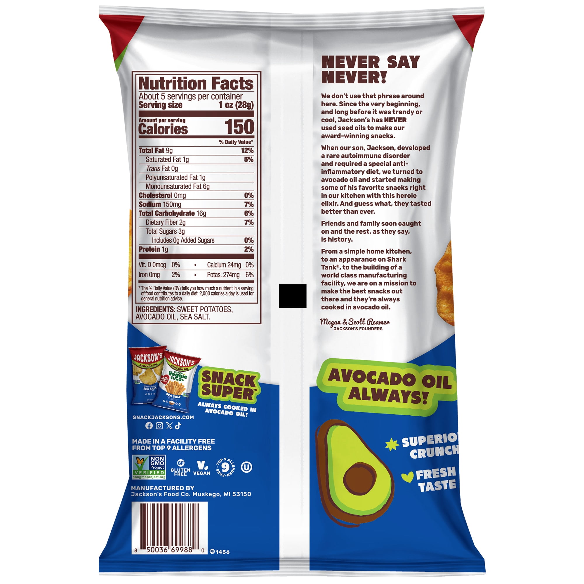 Jackson's Sweet Potato Kettle Wavy Chips with Sea Salt, Avocado Oil, Free of Top 9 Allergens, 5 oz