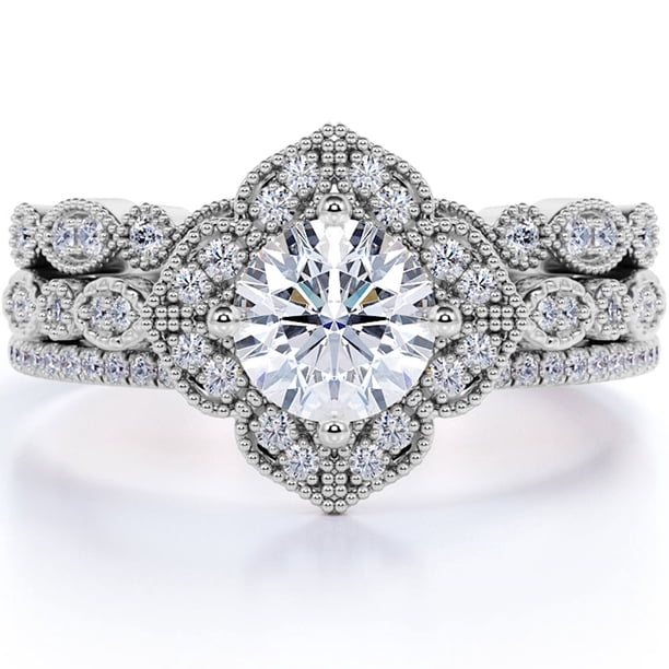JeenMata Juego de Trío de Anillos de Boda Exclusivos de Moissanita Real de 1,75 Quilates con Anillo de Compromiso y 2 Alianzas de Boda en Oro de 18 K sobre Plata