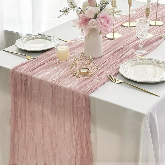 Boho Gauze Table Runner,Wrinkled Texture Long Tablecloth,Dusty Pink Cheesecloth Table Runner,Rustic Style Decorative Cloth Fabric Table Runner,for Home Garden Party Decor 2 Pack 10Ft