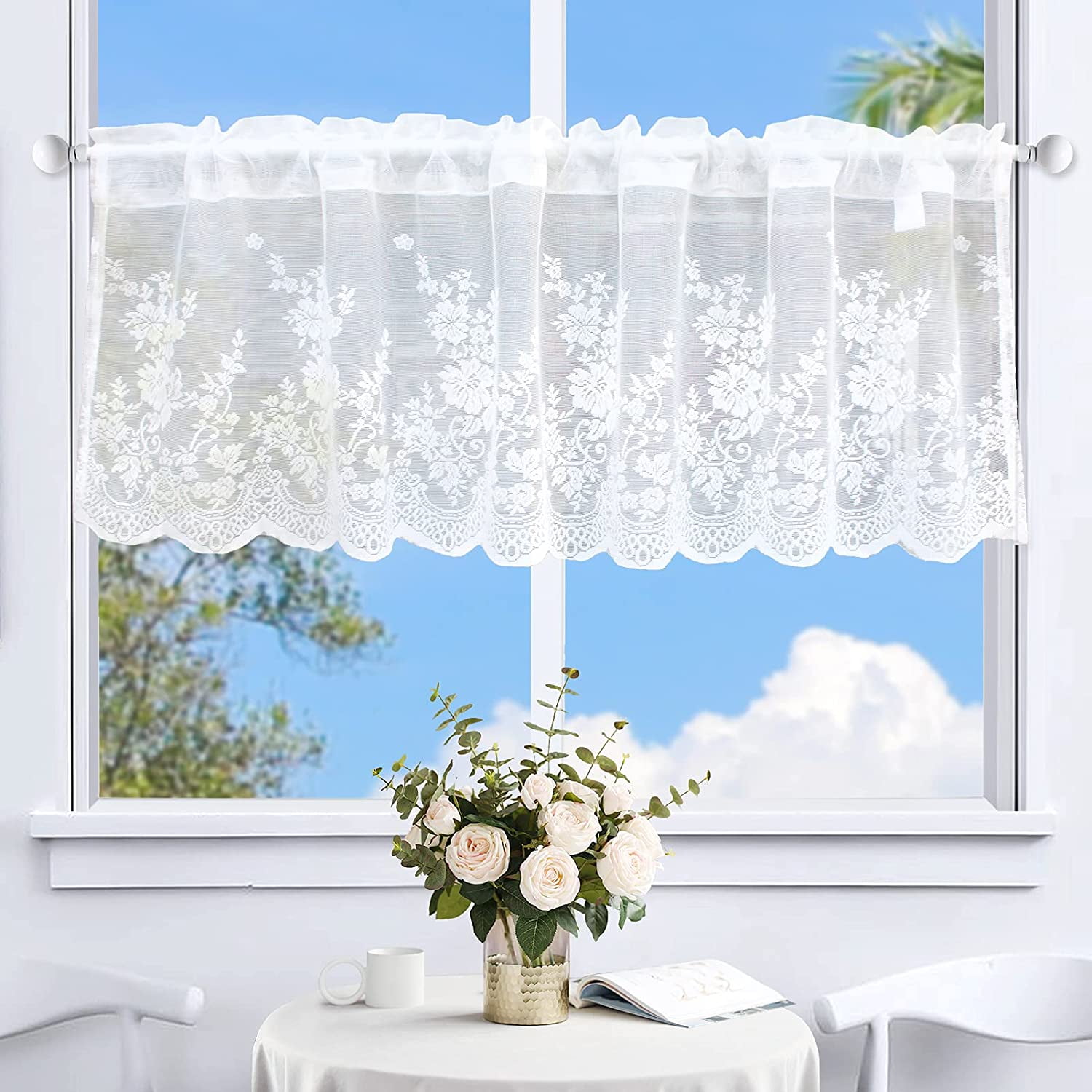 white great Embroidered Home decorate Kitchen Lace Sheer Cafe white Curtain 