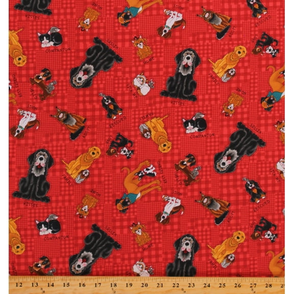 Cotton Dogs Puppies A Man's Best Friends Rescued and Loved Red Cotton Fabric Print by the Yard (9391-88)