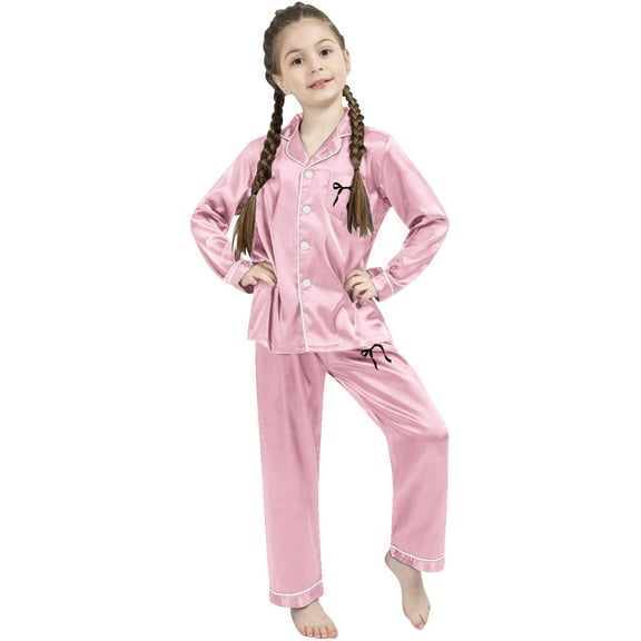 Teen Girl Satin Pajamas Set 2 Piece Bowknot Button Down Homewear Set Casual Pajamas Set Little Girls Christmas Pajamas 11-12 Years