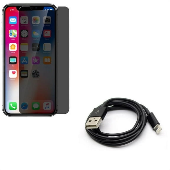 iPhone XS/X - Charger Cord 6ft USB Cable w Tempered Glass Privacy Screen Protector - Power Wire Long Sync Fast Charge Data, Curved Anti-Spy Anti-Peep 3D Edge Case Friendly