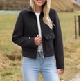 thumbnail image 2 of Women Cropped Bomber Jacket Button Down Varsity Shacket with Pockets Lapel Neck Long Sleeve Full Zip Casual Coat, 2 of 7