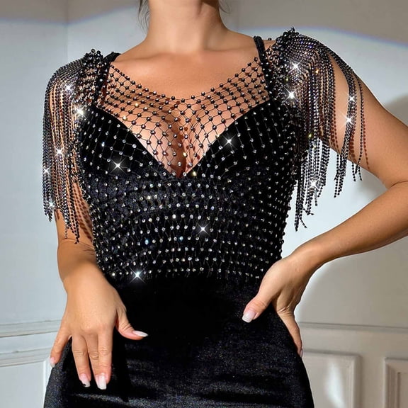 WHLBF Tank Tops for Women Sleeveless Casual Nightclub Tassel V-neck Camisole Black M