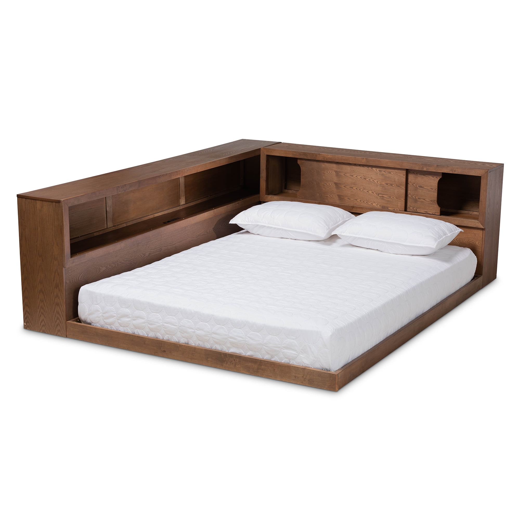 Baxton Studio Erie Modern Rustic Queen Size Platform Bed with Storage and Outlets, Walnut Brown