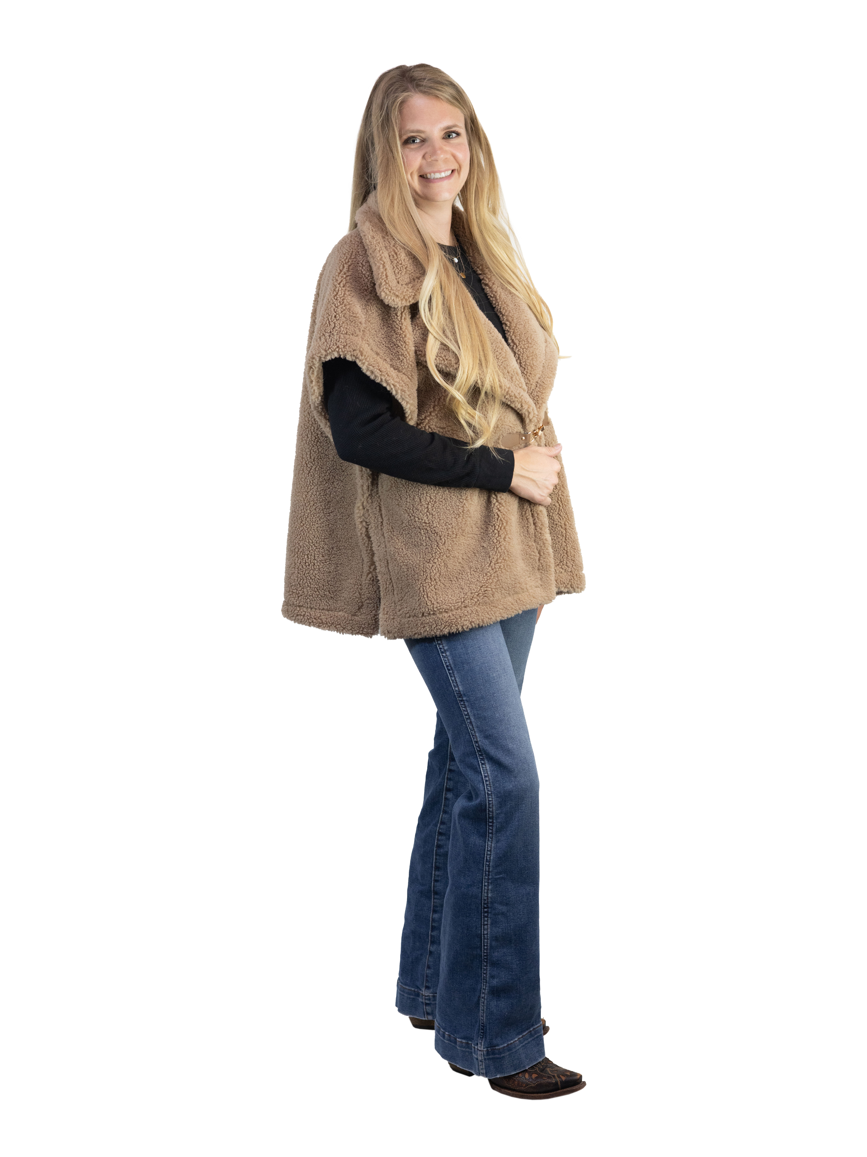 Time and Tru Womens Faux Shearling Vest, Tan
