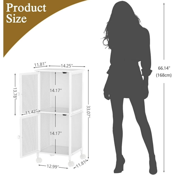 Small Bathroom Storage Cabinet with Movable Wheels, Wooden Bathroom Standing Shelf with 2 Metal Doors, Slim Bathroom Storage Cart for Small Spaces, Laundry, Kitchen, Narrow Stand Storage Unit, White