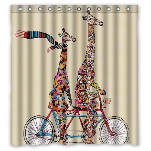 YUSDECOR Bigger And Giraffe Wear Scarf Ridding Tandem Bicycle Waterproof Shower Curtain Set with Hooks Bathroom Accessories Size 66x72 inches