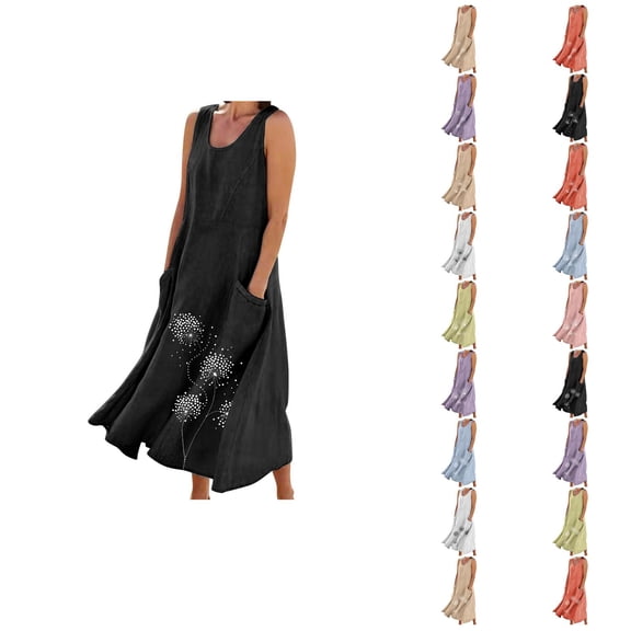 Ahuyic Womens Summer Casual Dress,Womens Plus Size Dress,Womens Sleeveless And Linen Round Neck Printed Long Dress,Green,XXXL