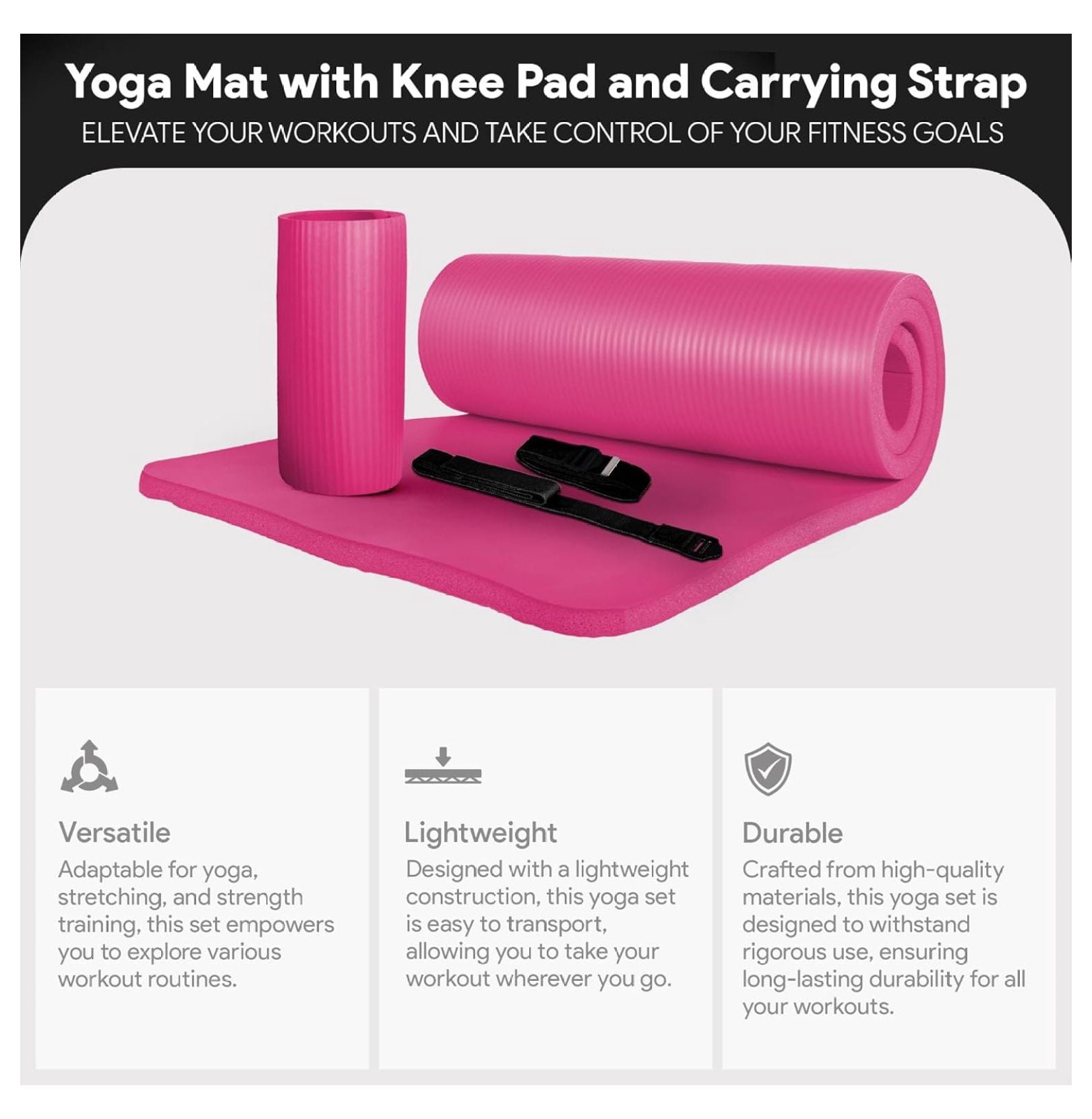Yoga Mat 71x24 Inch with Knee Pad - Extra Thick 1" Non-Slip Exercise Mat for Home, Gym & Studio - Includes Carrying Strap & Cushion - Workout Fitness Accessories
