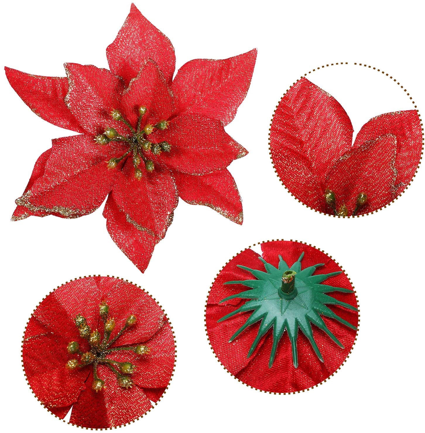 6PCS Glitter Christmas Artificial Flowers Christmas Poinsettia Decor Christmas Tree Wreaths Ornaments for Christmas Home Wedding Party