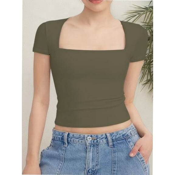 Women's short Sleeve Short Sleeve Tops Square Neck T Shirts Fitted Basic Tee