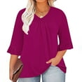 thumbnail image 2 of Oversize Pullover Women's Tops Trendy 3/4 Bell Sleeves Tees Juniors Solid Color Flowy Tshirts Teen Girls Cozy Ruffle Pleated Blouses Casual V Neck Shirt, 2 of 5