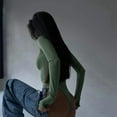 thumbnail image 5 of Women'S Crew Neck Long Sleeve Bodysuit Second-Skin Feel Tops Light Green L, 5 of 7