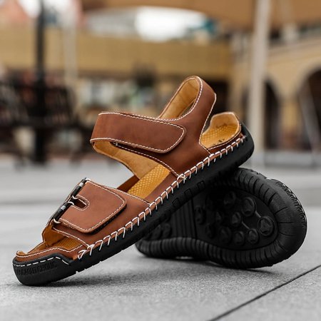 

Men s Outdoor Casual Walking Solid Open Toe Sandals With PU Leather Uppers Non Slip Hook & Loop Fastener Comfy Summer Sandals