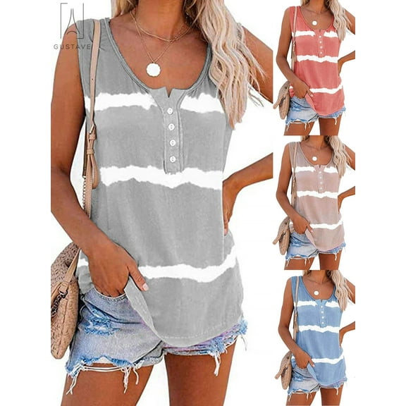 Gustave Women's Plus Size Tie Dye Vest Summer Sleeveless Color Block T Shirts Loose Blouse Button Up Tank Tops "Gray, 3XL"