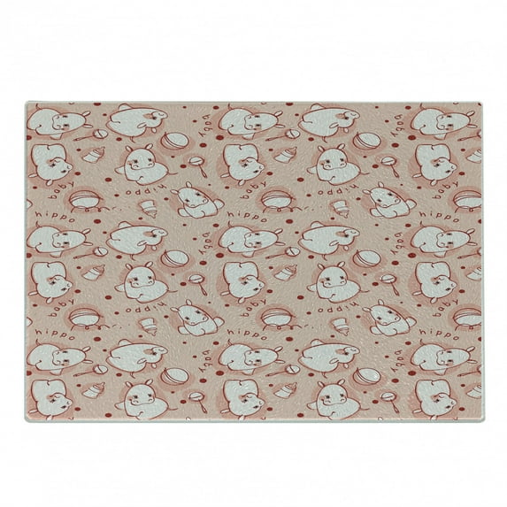 Hippo Cutting Board, Hippo Pattern Wild Animal Funny Girls Boys Playroom Concept, Decorative Tempered Glass Cutting and Serving Board, Small Size, White Coral Red, by Ambesonne
