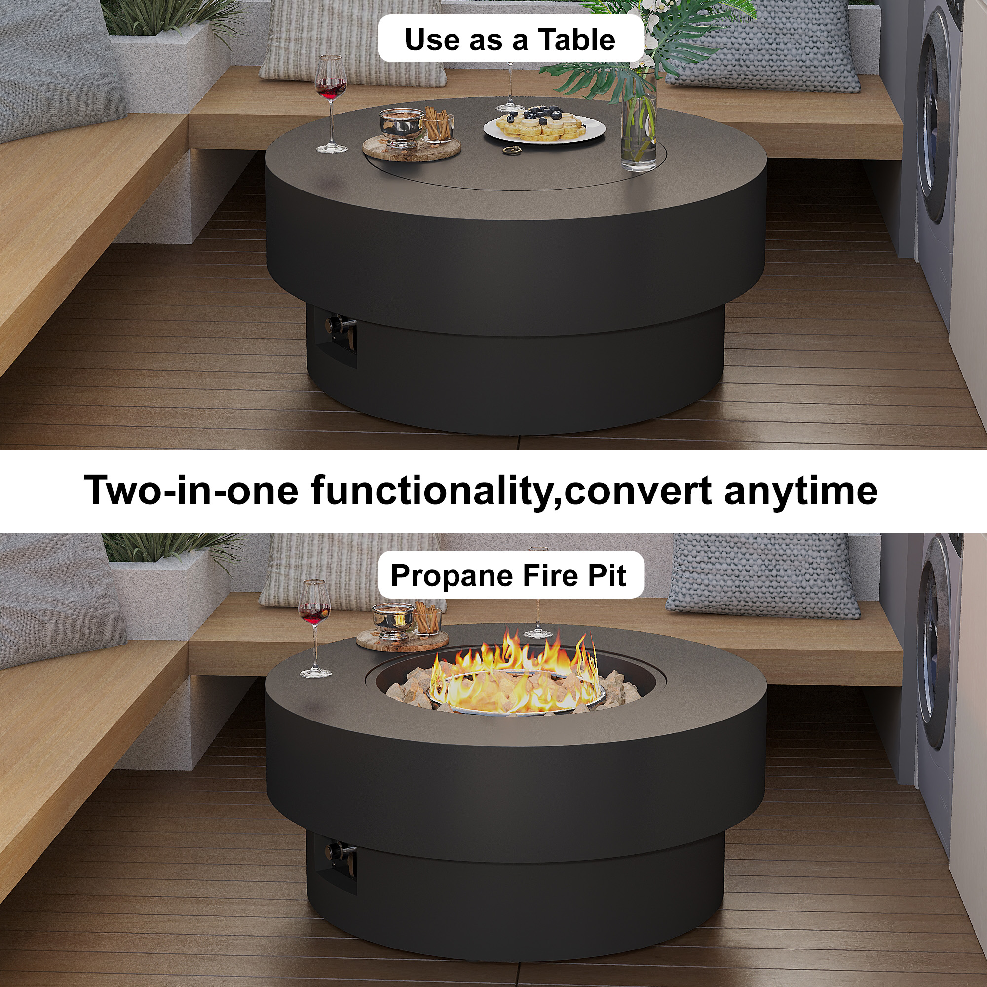 HongTaoK 32.5 inch Round Propane Fire Pit Table with Lava Rock, 50K BTU, Black