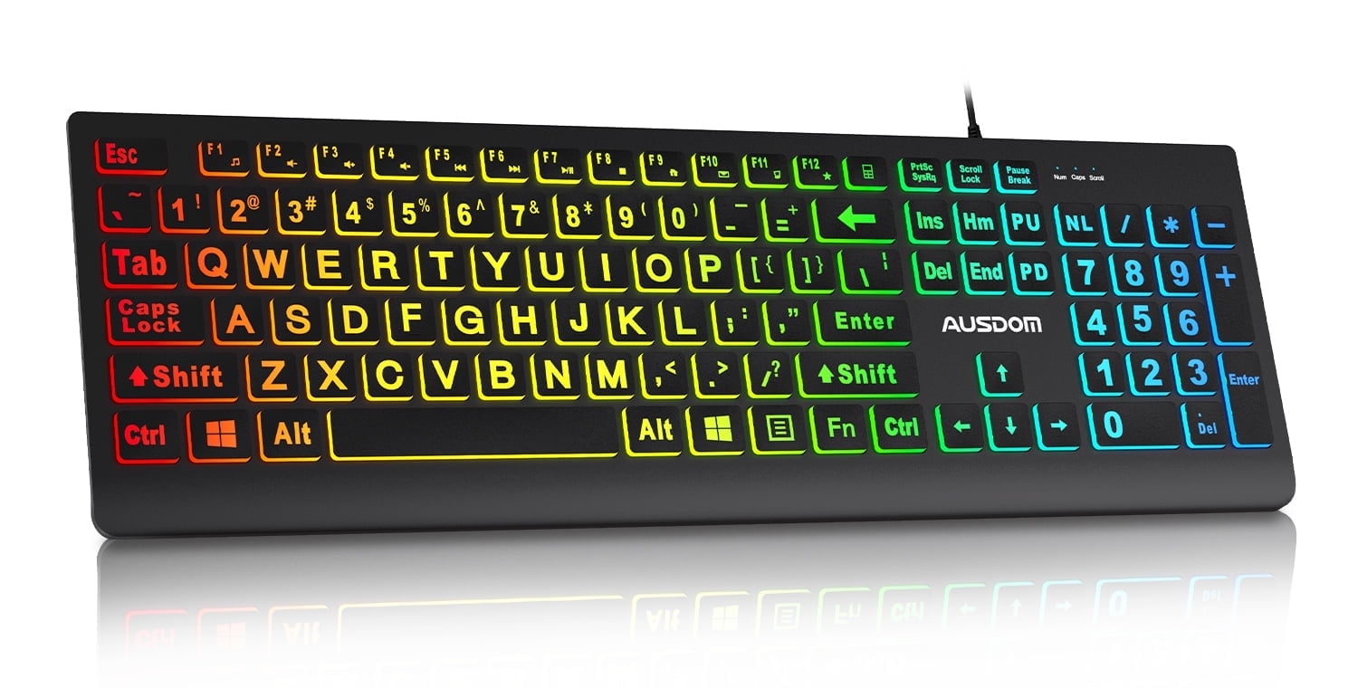 AUSDOM Large Print Backlit Computer Keyboard,Quiet Wired USB Full Size Keyboard,Oversize Letters Keys Easy to See and Type,Black