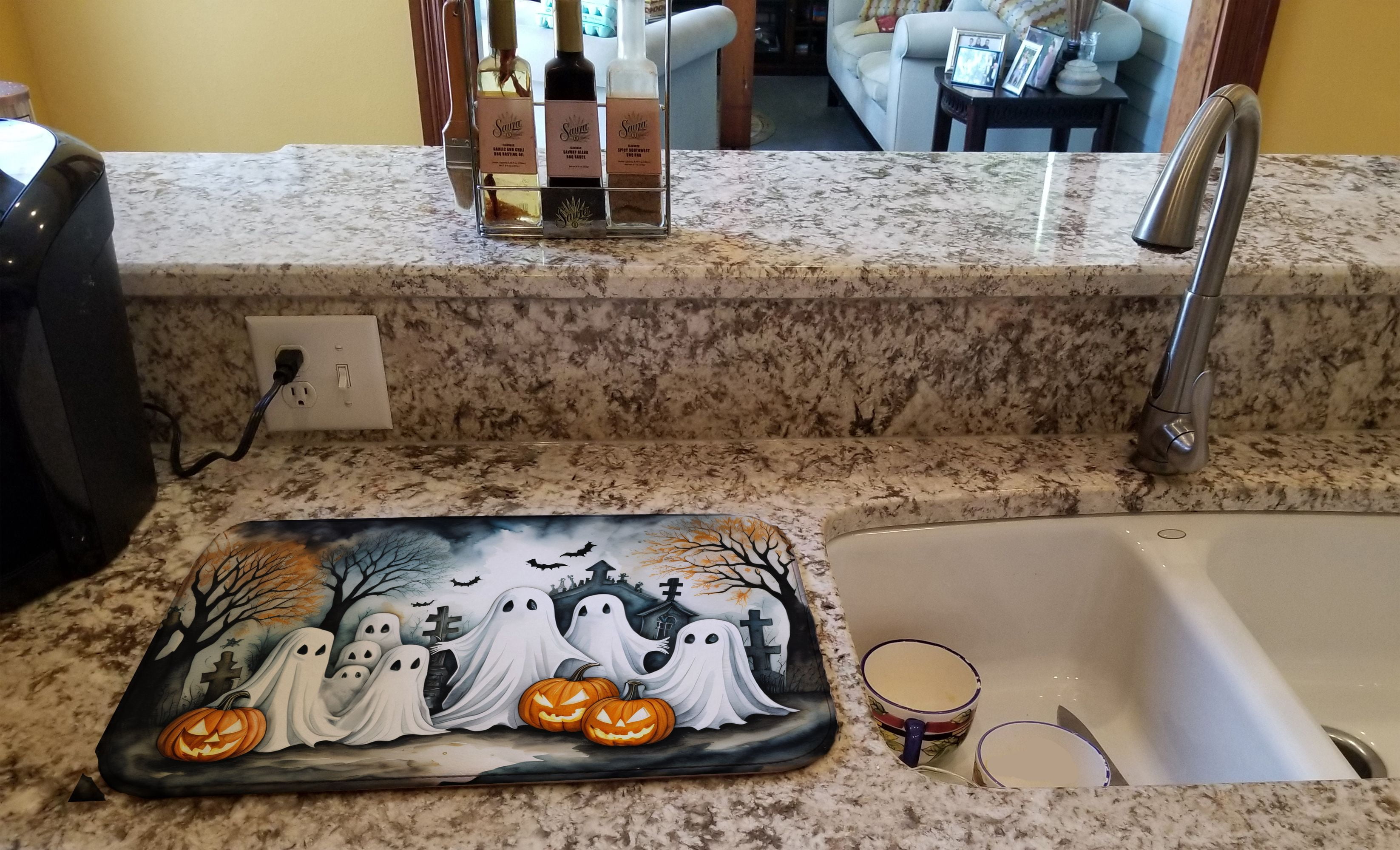 Halloween Dish Drying Mat 14x22 Inch with Water-Absorbent Polyester for Kitchen Counter