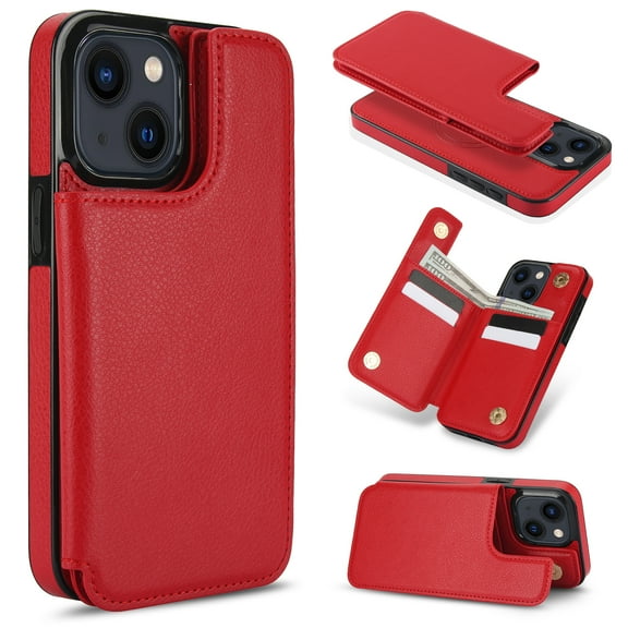 Double Magnetic Clasp Case for iPhone 15, Lychee Grain Design Leather Detachable 2-In-1 Wallet Case, Support Wireless Charging Kickstand Card Credit Holder RFID Blocking Cover,Red