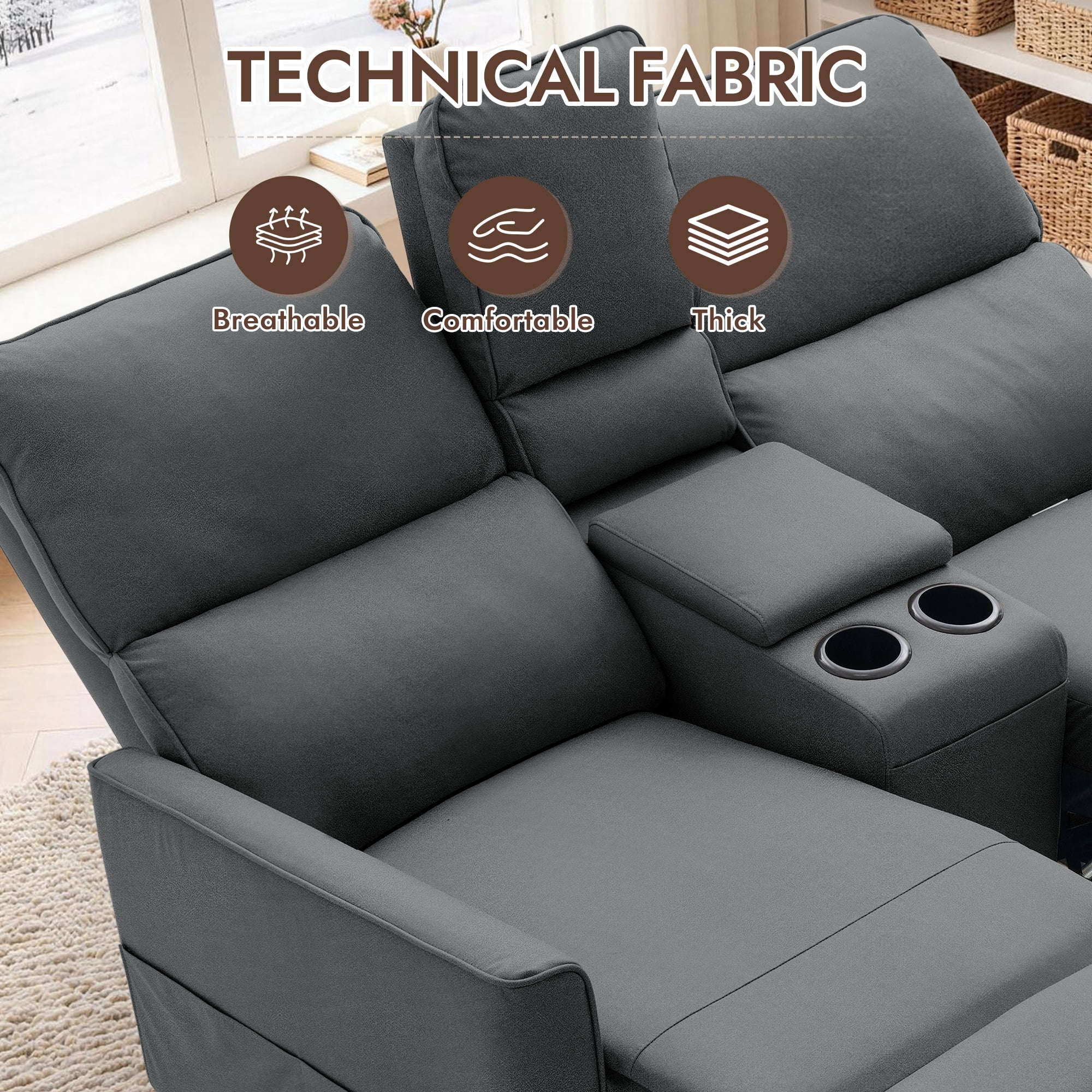 Korser 2-Seater Recliner Sofa with Pillow,Double Recliner Loveseat with Storage Console, Side Pockets, Cup Holders Manual Recliner Sofa for Living Room,Dark Grey