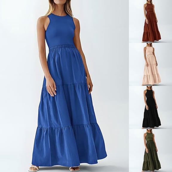 Patlollav Women Fashion Summer Floral Round Neck Patchwork Sleeveless Pocket Waist Dresses